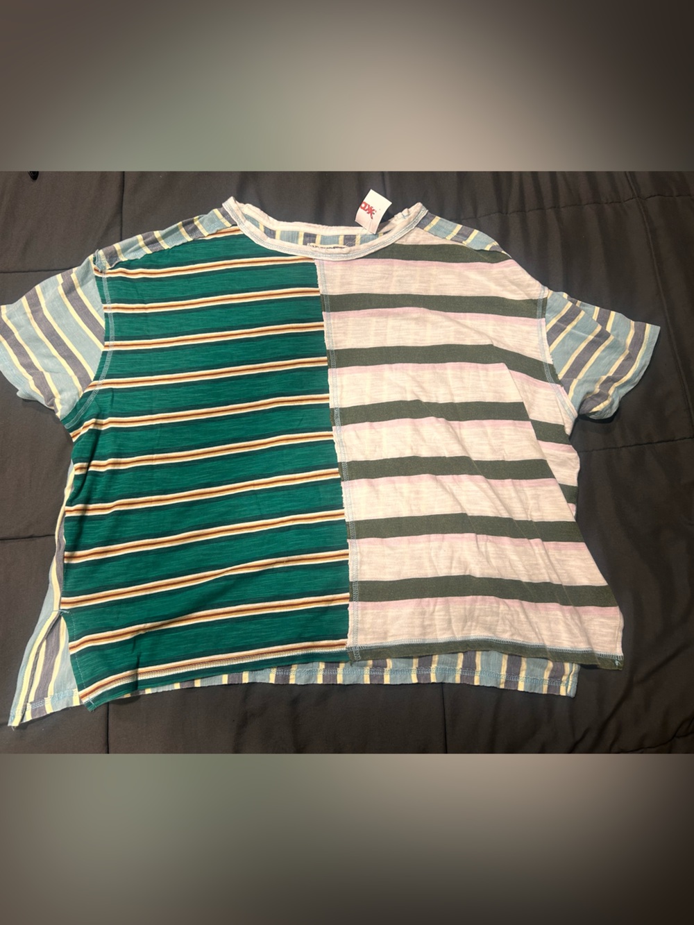 NWT We The Free Mixed Stripe Patchwork Short Sleeve Tee in Green, Blue, Gray